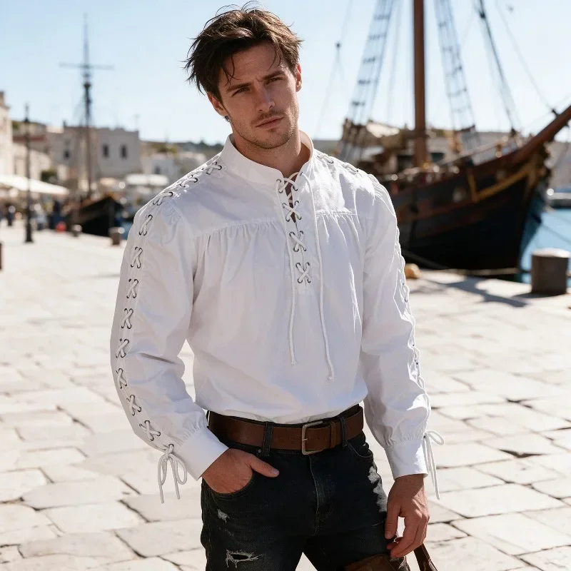 Medieval Gothic Lace Up Pirate Shirt - Chemise de pirate médiévale pour hommes,