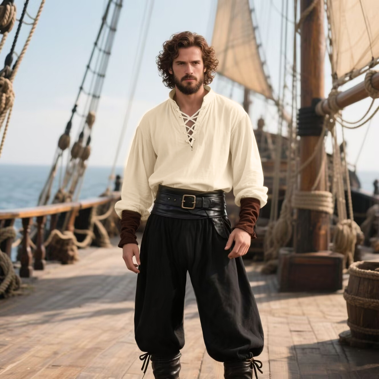 Medieval Gothic Lace Up Pirate Shirt - Costume de pirate d'Halloween pour homme,